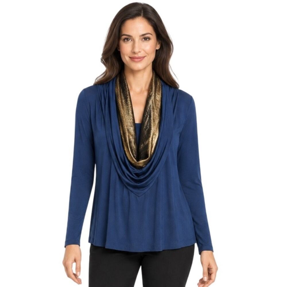 LOGO Lori Goldstein QVC Navy Blue Gold Foil Cowl Drape Neck Knit Trapeze Top M